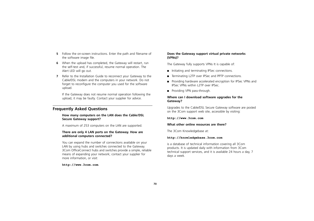 3Com 3CR856-95 manual Frequently Asked Questions, Does the Gateway support virtual private networks VPNs? 