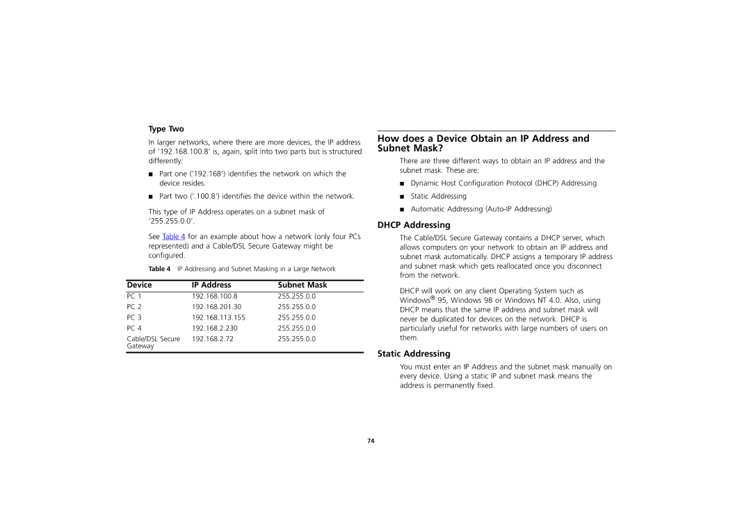 3Com 3CR856-95 manual How does a Device Obtain an IP Address and Subnet Mask?, Dhcp Addressing, Static Addressing, Type Two 