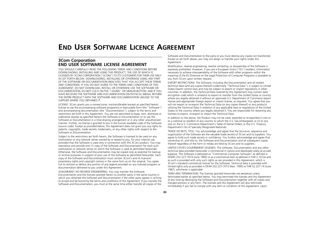 3Com 3CR856-95 manual END User Software Licence Agreement, 3Com Corporation 