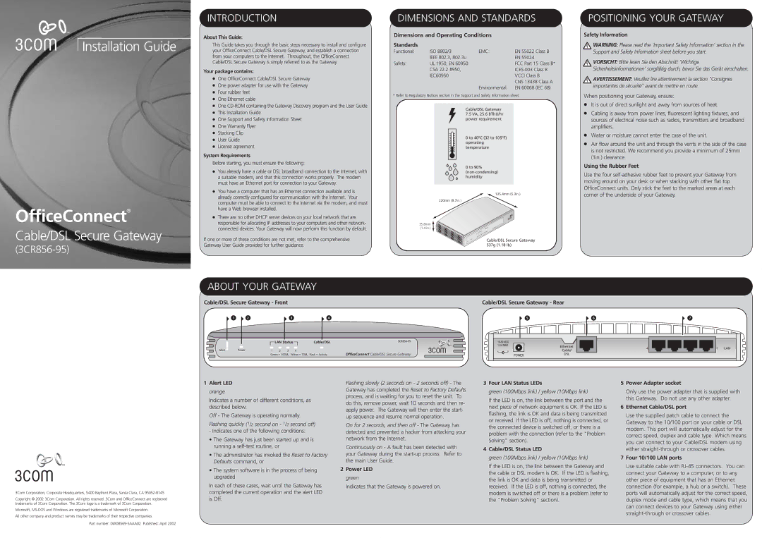 3Com 3CR856-95 dimensions Introduction, Dimensions and Standards, Positioning Your Gateway, About Your Gateway 