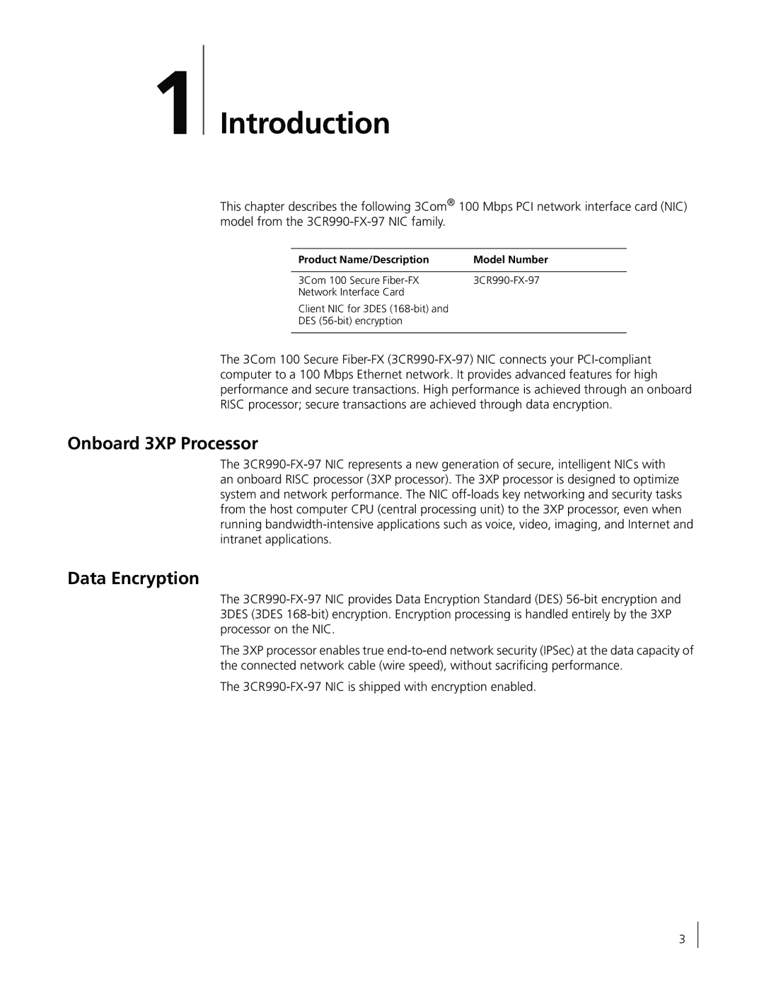 3Com 3CR990-FX-97 manual Introduction, Onboard 3XP Processor, Data Encryption, Product Name/Description Model Number 