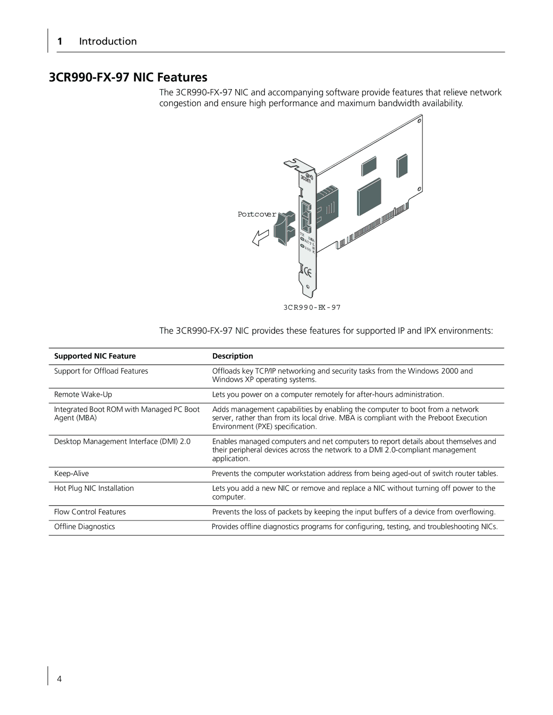 3Com manual 3CR990-FX-97 NIC Features, Introduction, Supported NIC Feature Description 