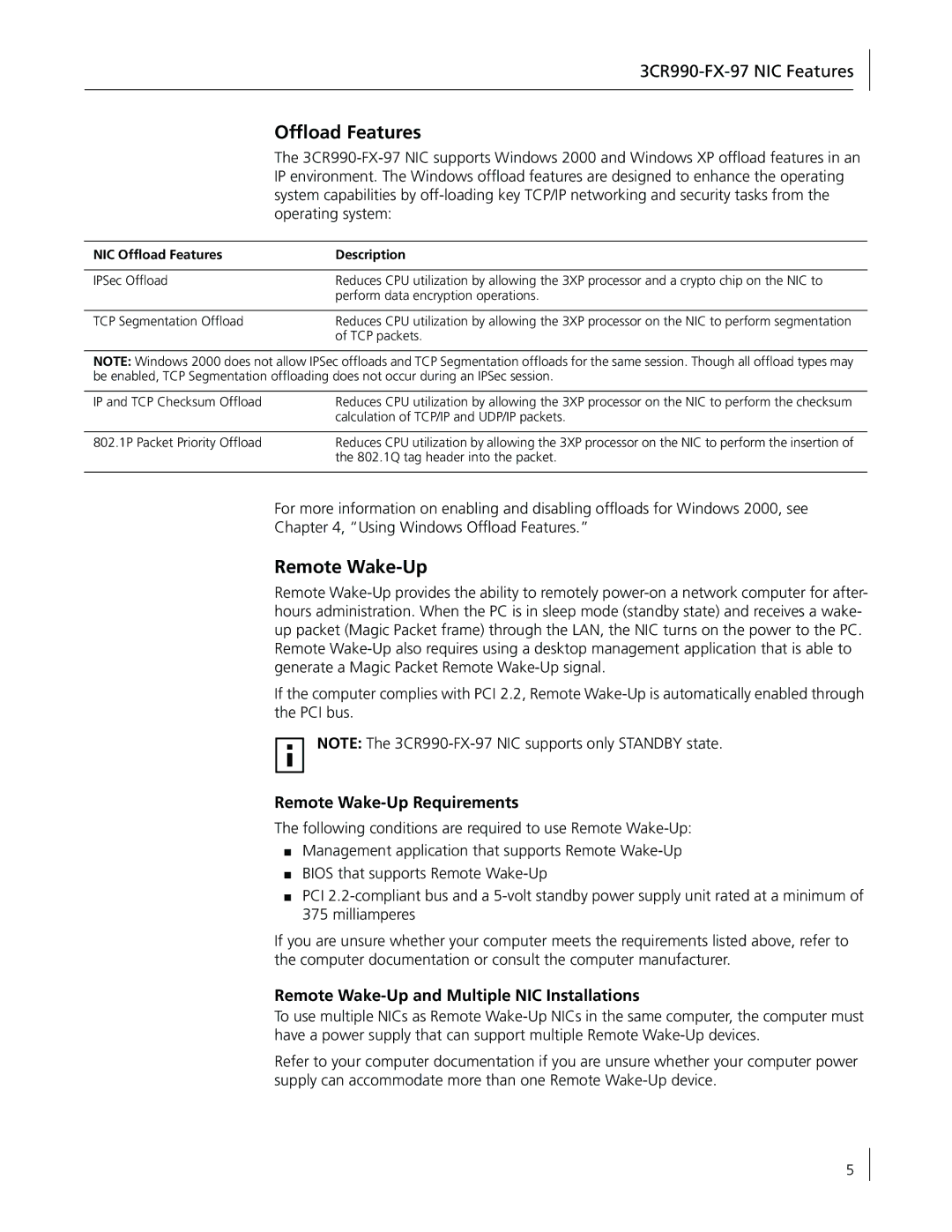 3Com manual Ofﬂoad Features, 3CR990-FX-97 NIC Features, Remote Wake-Up Requirements 