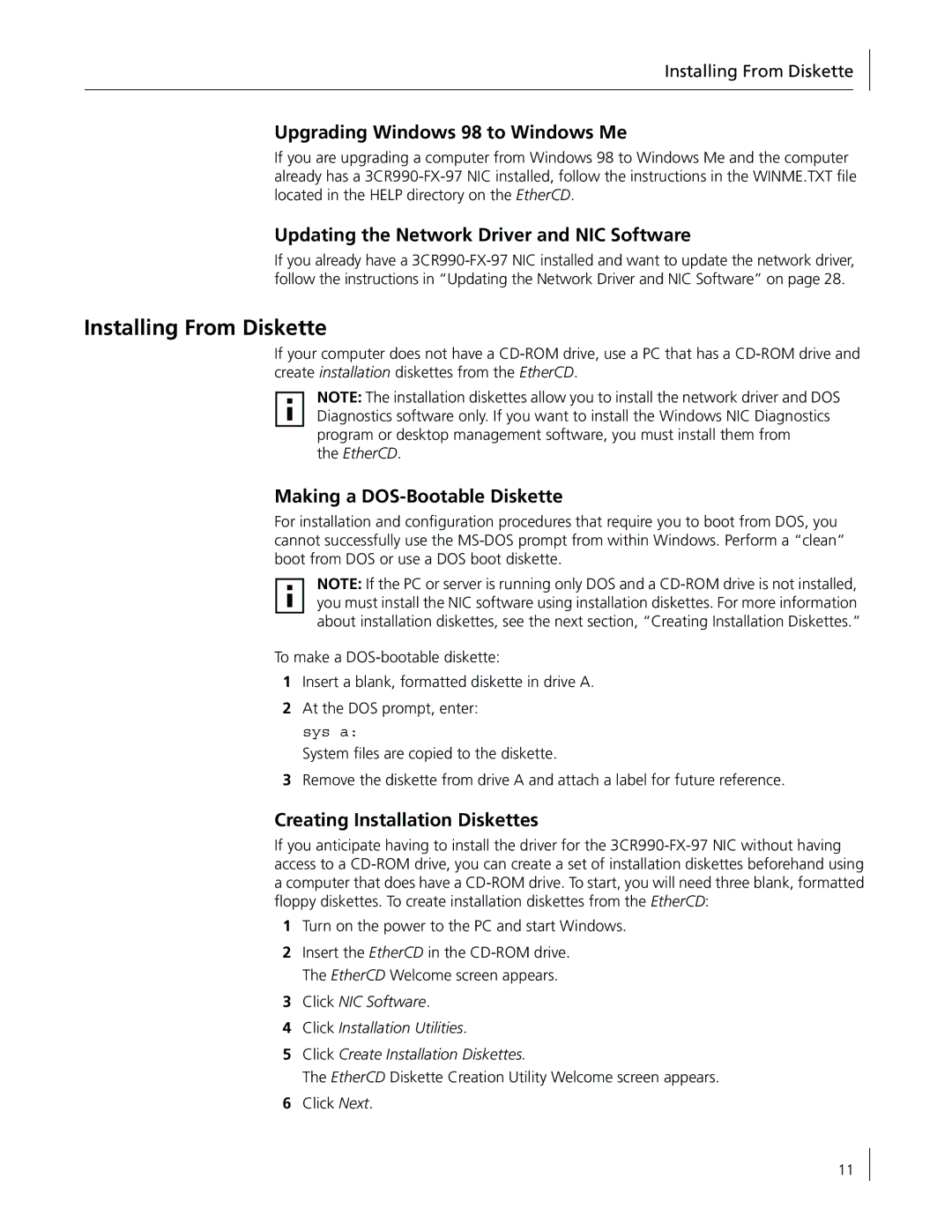 3Com 3CR990-FX-97 manual Installing From Diskette, Upgrading Windows 98 to Windows Me, Making a DOS-Bootable Diskette 