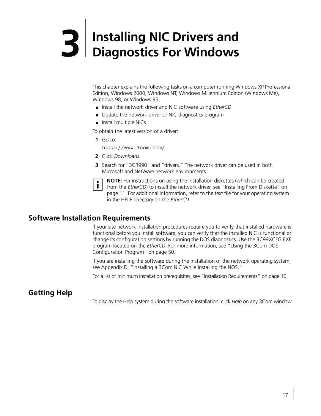 3Com 3CR990-FX-97 manual Software Installation Requirements, Getting Help, Click Downloads 