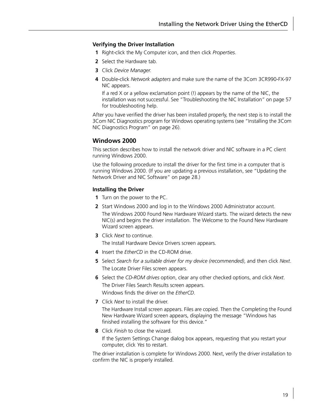 3Com 3CR990-FX-97 manual Windows, Installing the Network Driver Using the EtherCD, Verifying the Driver Installation 