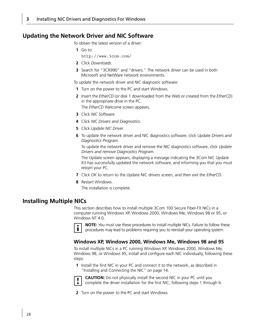 3Com 3CR990-FX-97 manual Updating the Network Driver and NIC Software, Installing Multiple NICs 