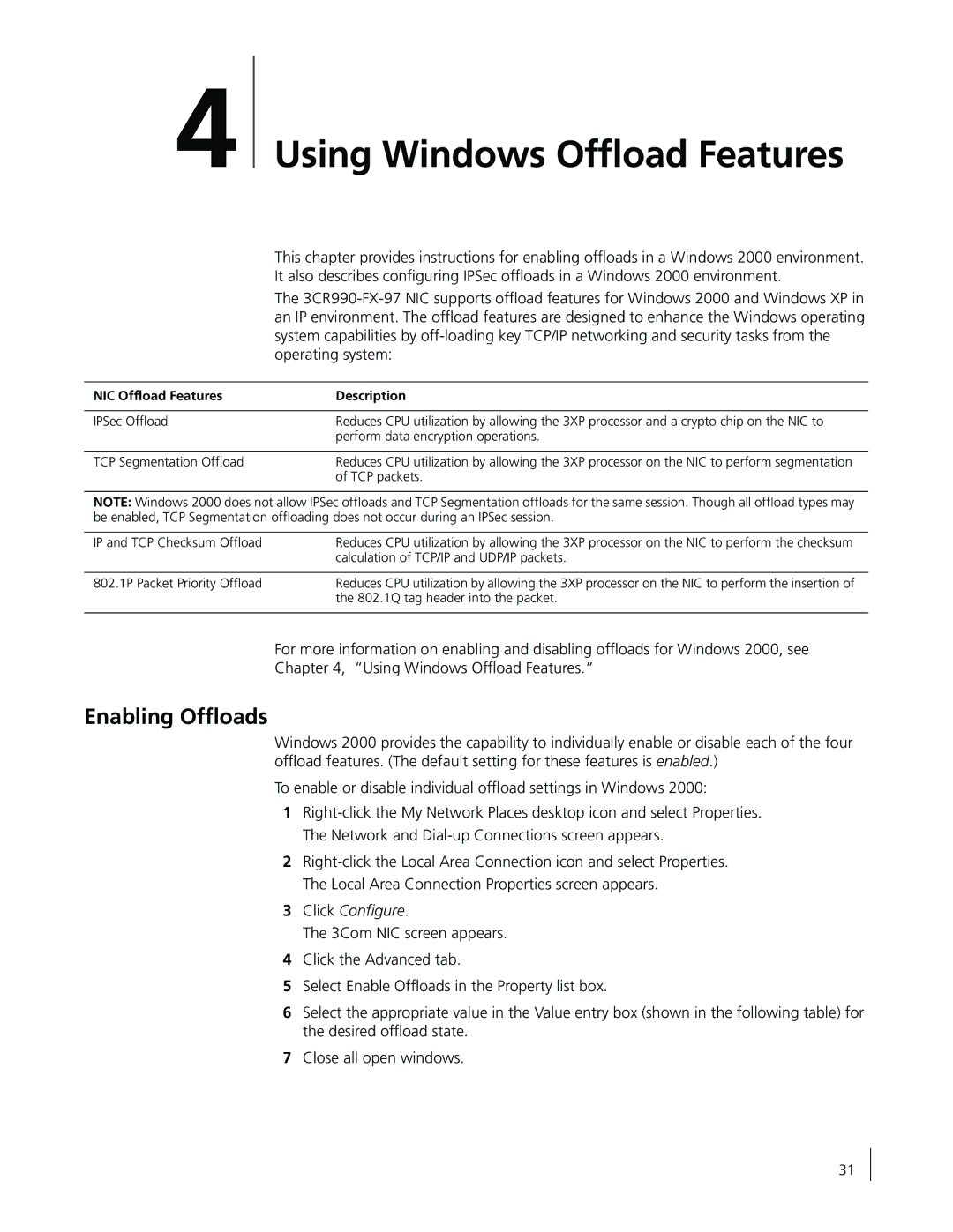 3Com 3CR990-FX-97 manual Using Windows Ofﬂoad Features, Enabling Ofﬂoads, Click Conﬁgure 