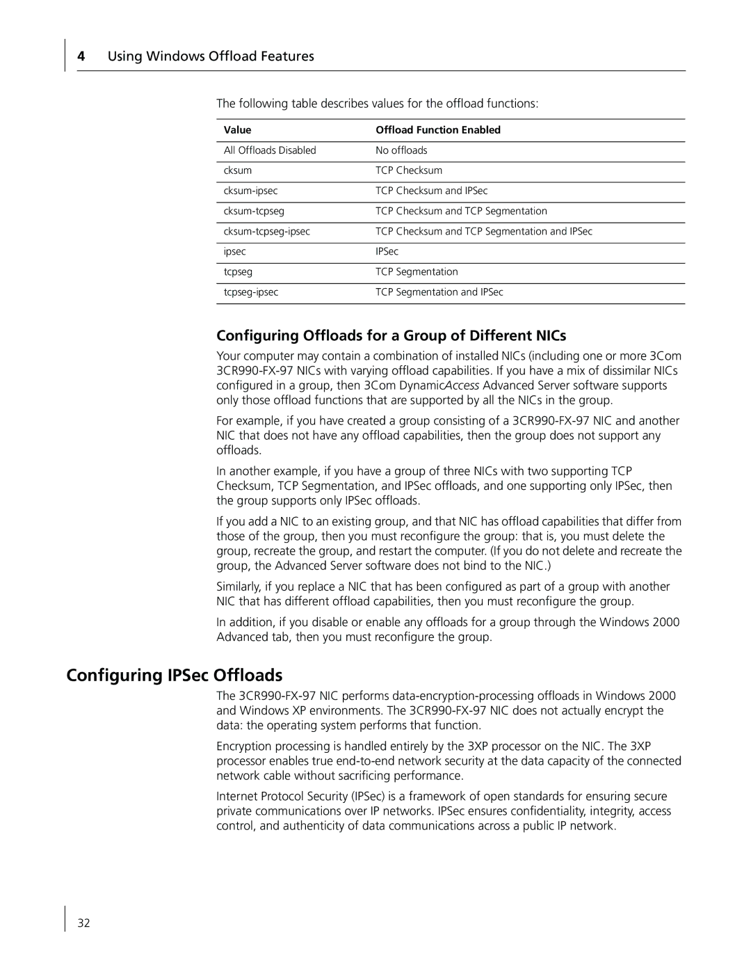 3Com 3CR990-FX-97 manual Conﬁguring IPSec Ofﬂoads, Conﬁguring Ofﬂoads for a Group of Different NICs 