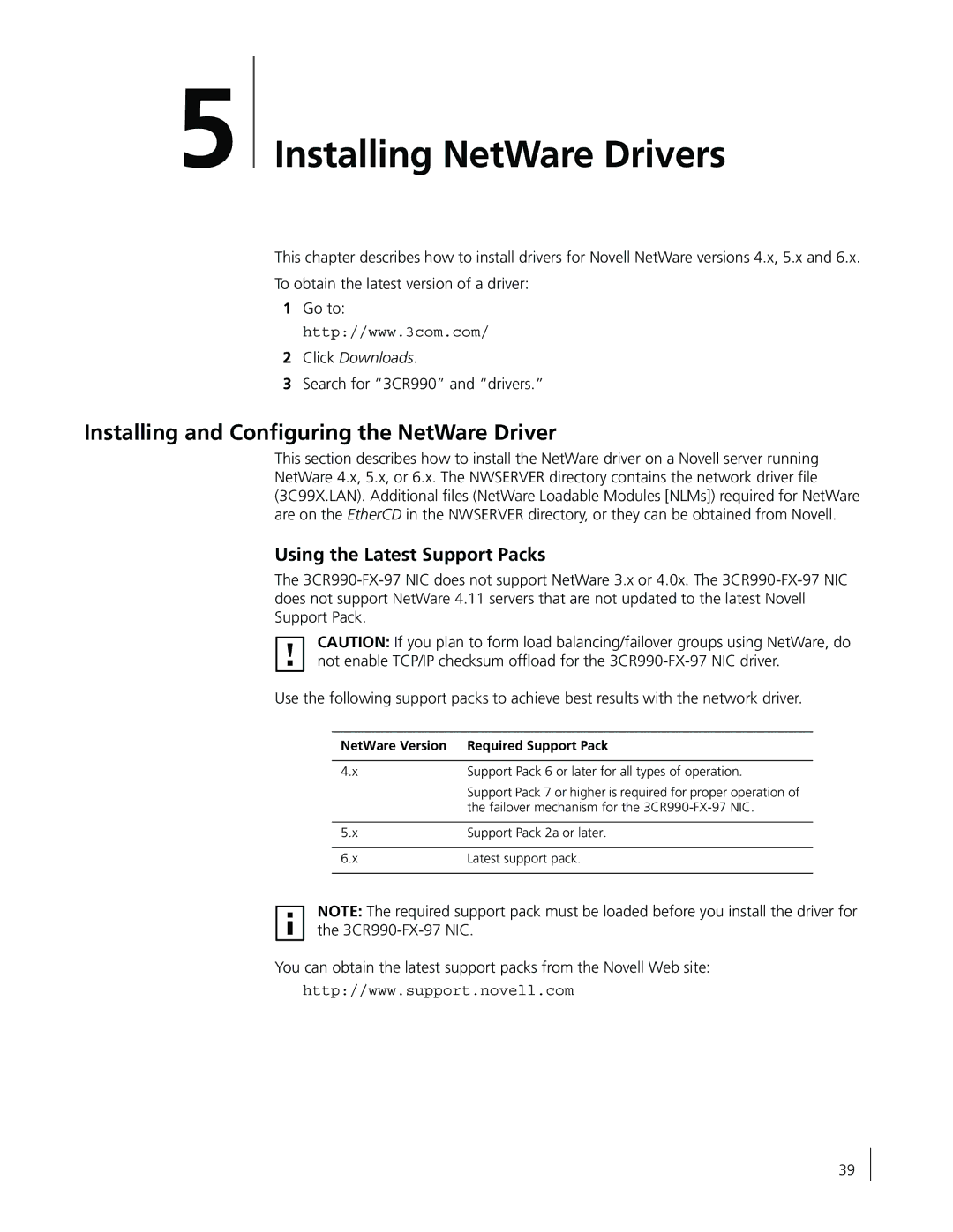 3Com 3CR990-FX-97 Installing NetWare Drivers, Installing and Conﬁguring the NetWare Driver, Using the Latest Support Packs 