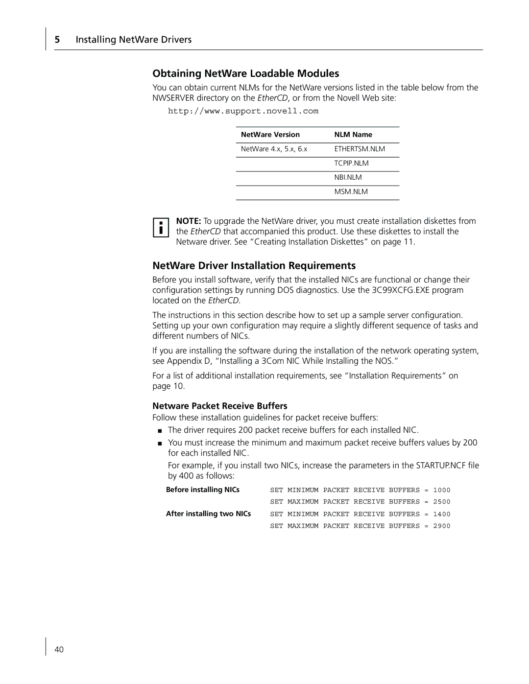 3Com 3CR990-FX-97 Obtaining NetWare Loadable Modules, NetWare Driver Installation Requirements, Installing NetWare Drivers 