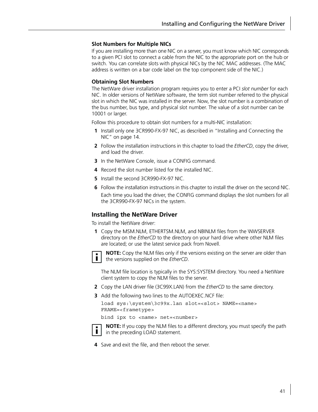 3Com 3CR990-FX-97 Installing the NetWare Driver, Installing and Conﬁguring the NetWare Driver, Obtaining Slot Numbers 