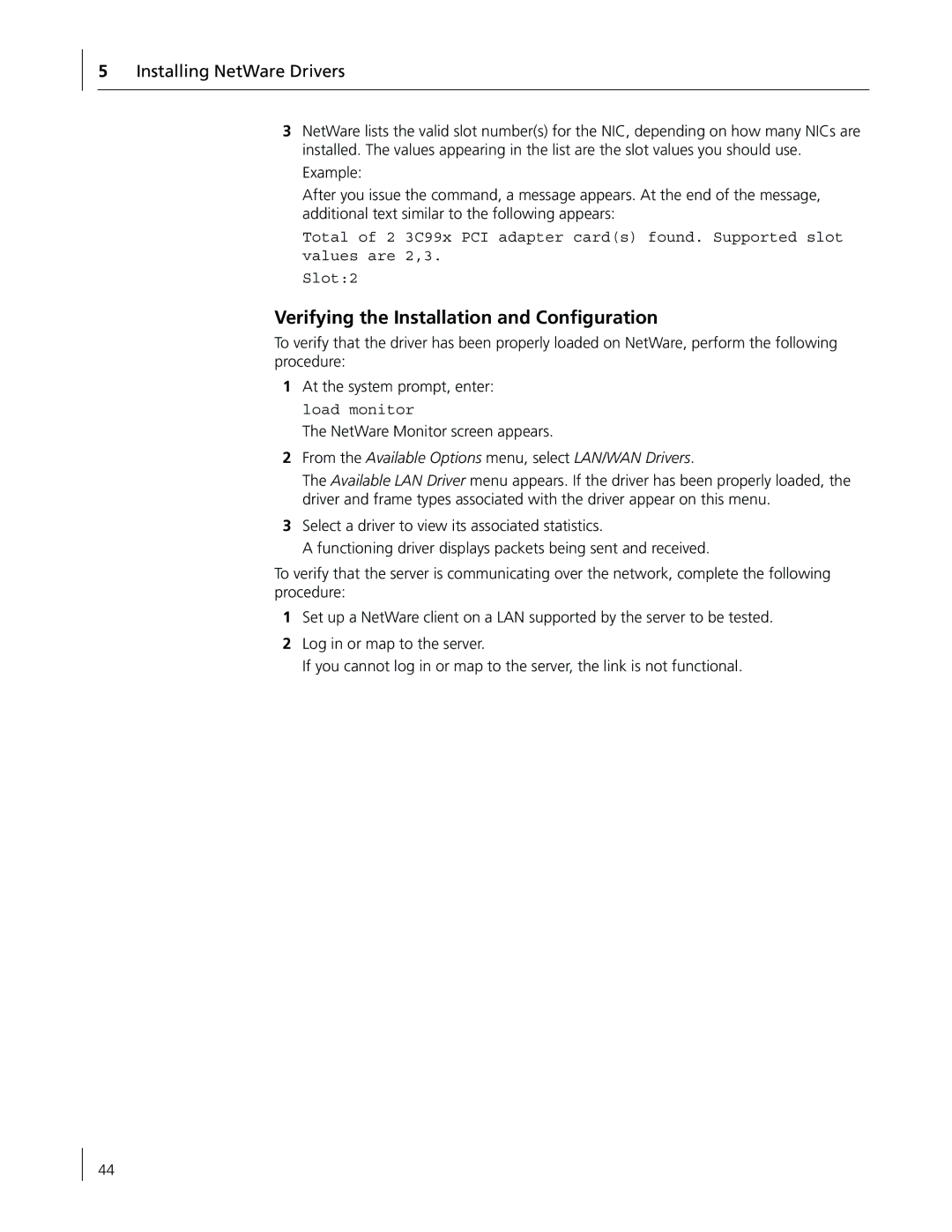 3Com 3CR990-FX-97 Verifying the Installation and Conﬁguration, From the Available Options menu, select LAN/WAN Drivers 