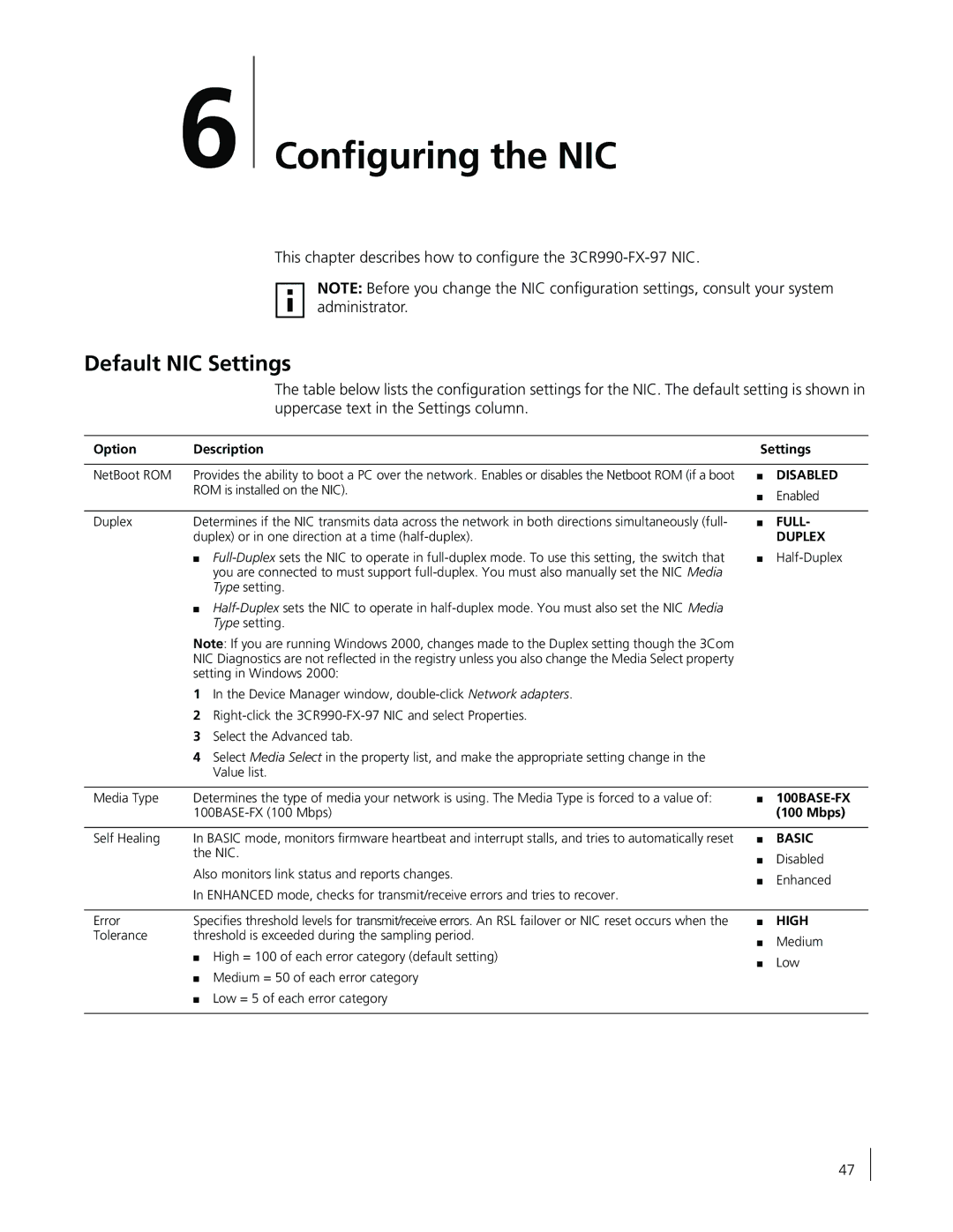 3Com 3CR990-FX-97 manual Conﬁguring the NIC, Default NIC Settings, Option Description Settings, Mbps 