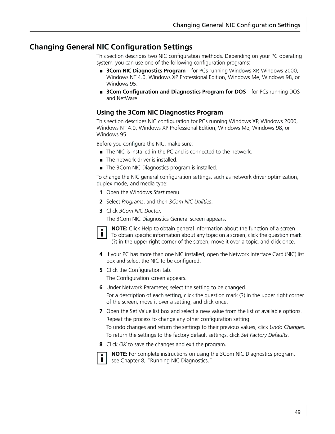 3Com 3CR990-FX-97 manual Changing General NIC Conﬁguration Settings, Using the 3Com NIC Diagnostics Program 