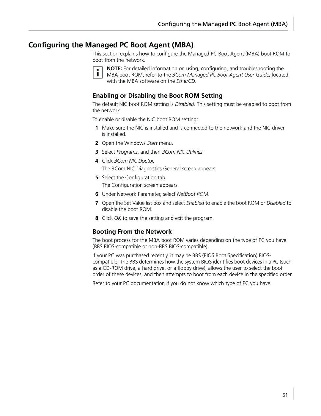 3Com 3CR990-FX-97 manual Conﬁguring the Managed PC Boot Agent MBA, Enabling or Disabling the Boot ROM Setting 