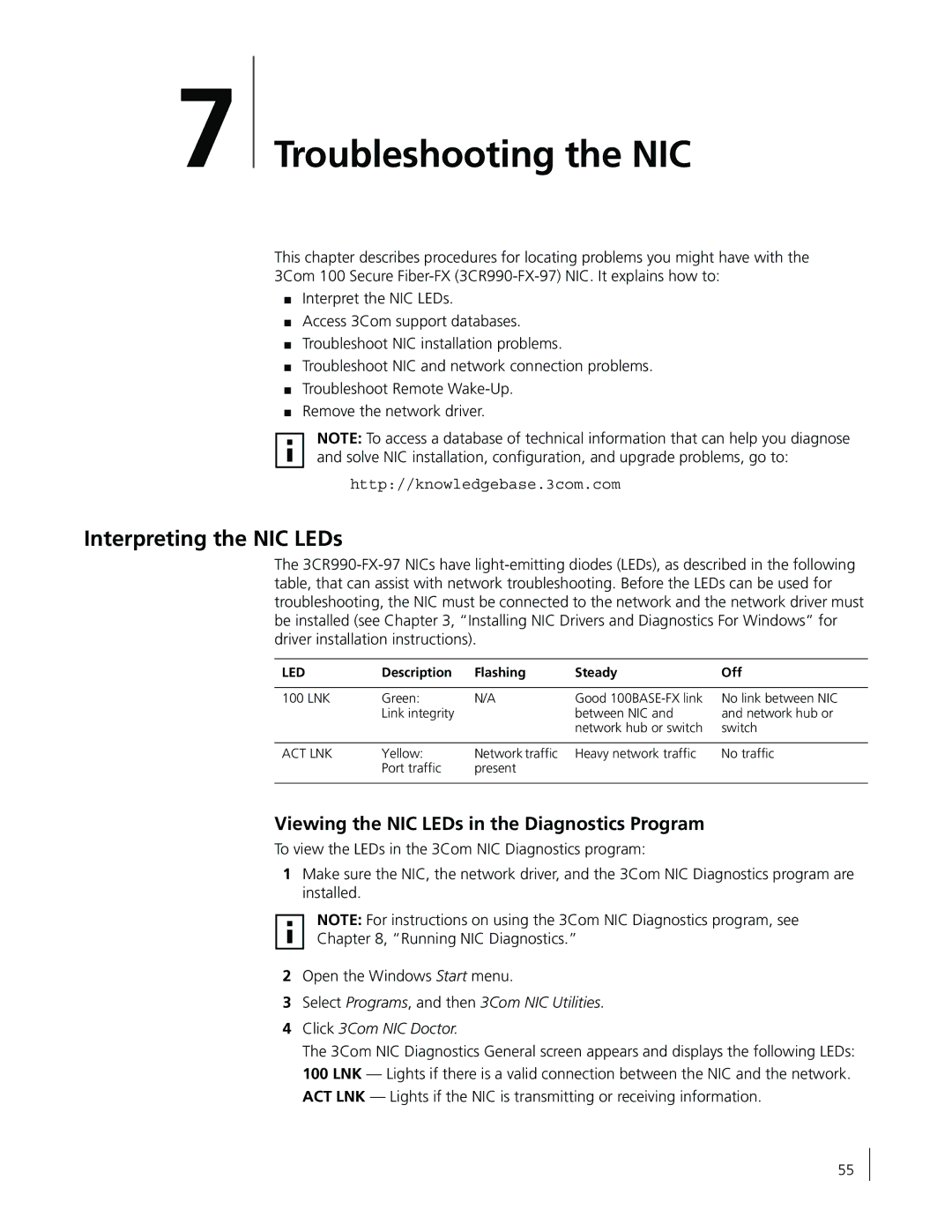 3Com 3CR990-FX-97 Troubleshooting the NIC, Interpreting the NIC LEDs, Viewing the NIC LEDs in the Diagnostics Program 