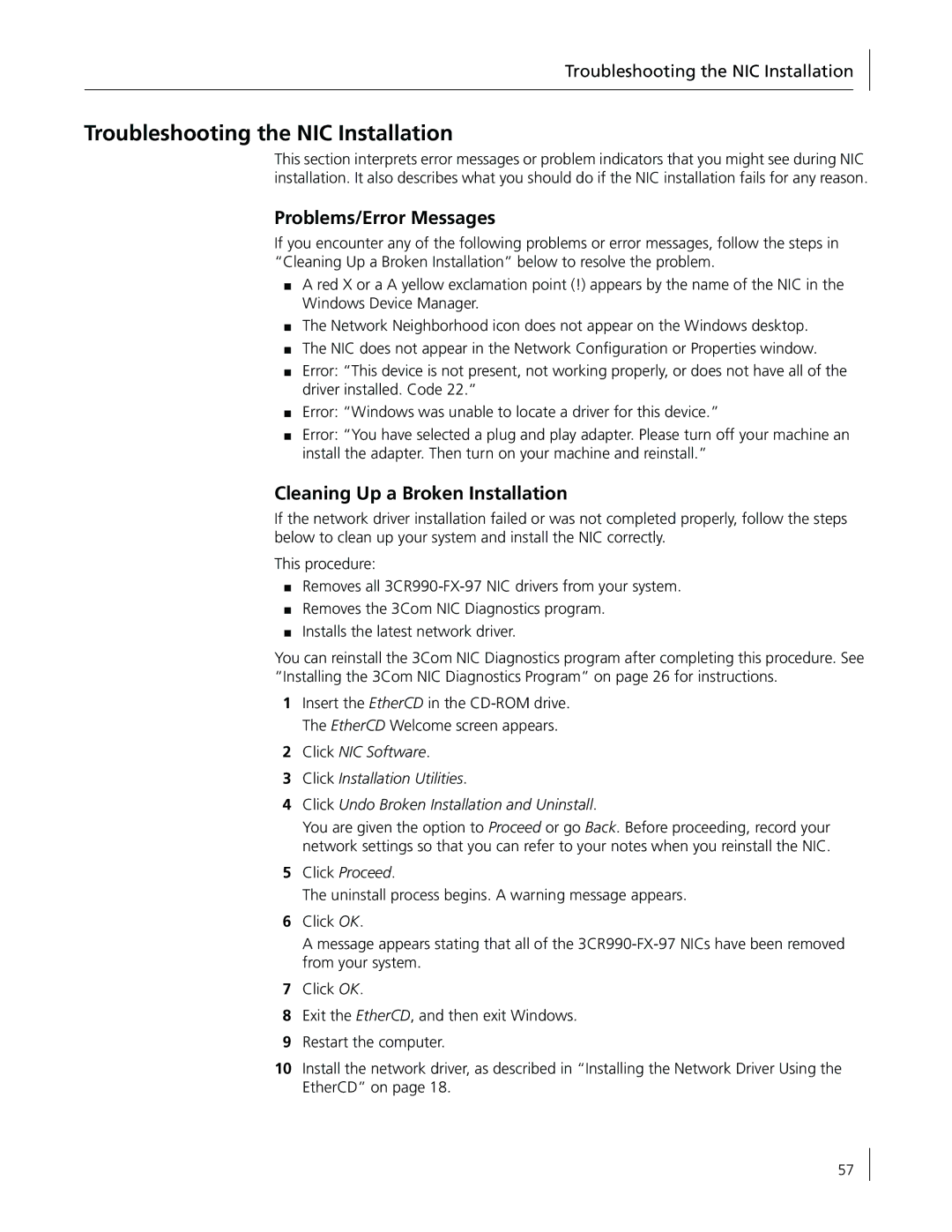 3Com 3CR990-FX-97 manual Troubleshooting the NIC Installation, Problems/Error Messages, Cleaning Up a Broken Installation 