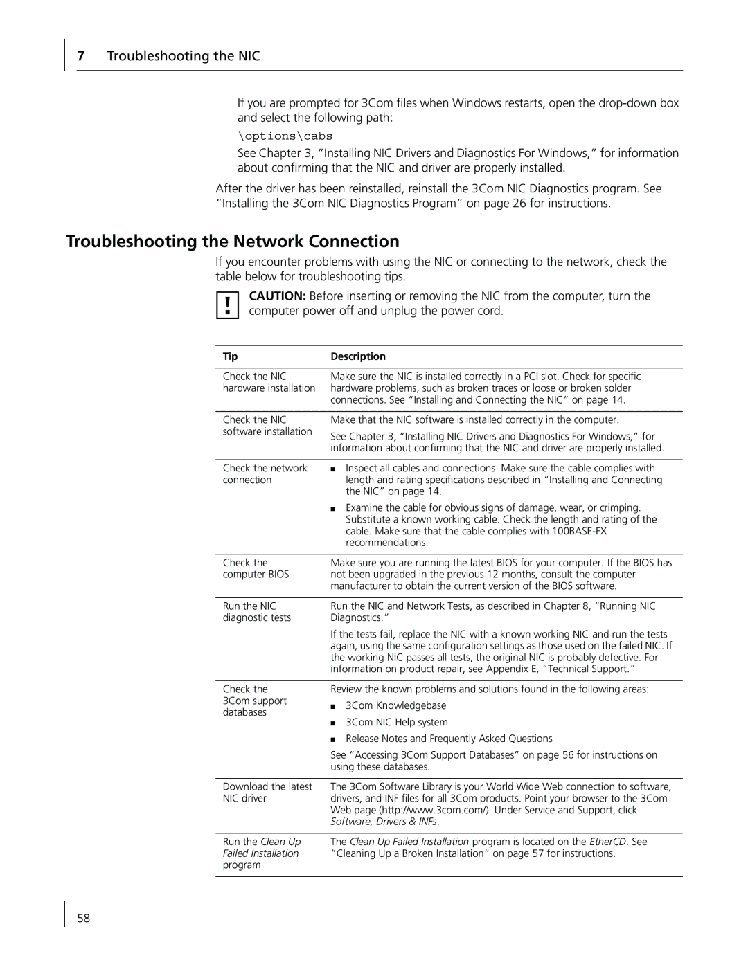 3Com 3CR990-FX-97 manual Troubleshooting the Network Connection, Tip Description 