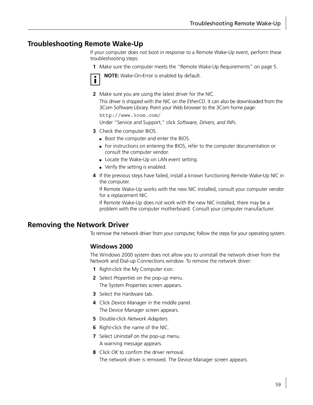 3Com 3CR990-FX-97 manual Troubleshooting Remote Wake-Up, Removing the Network Driver, Double-clickNetwork Adapters 