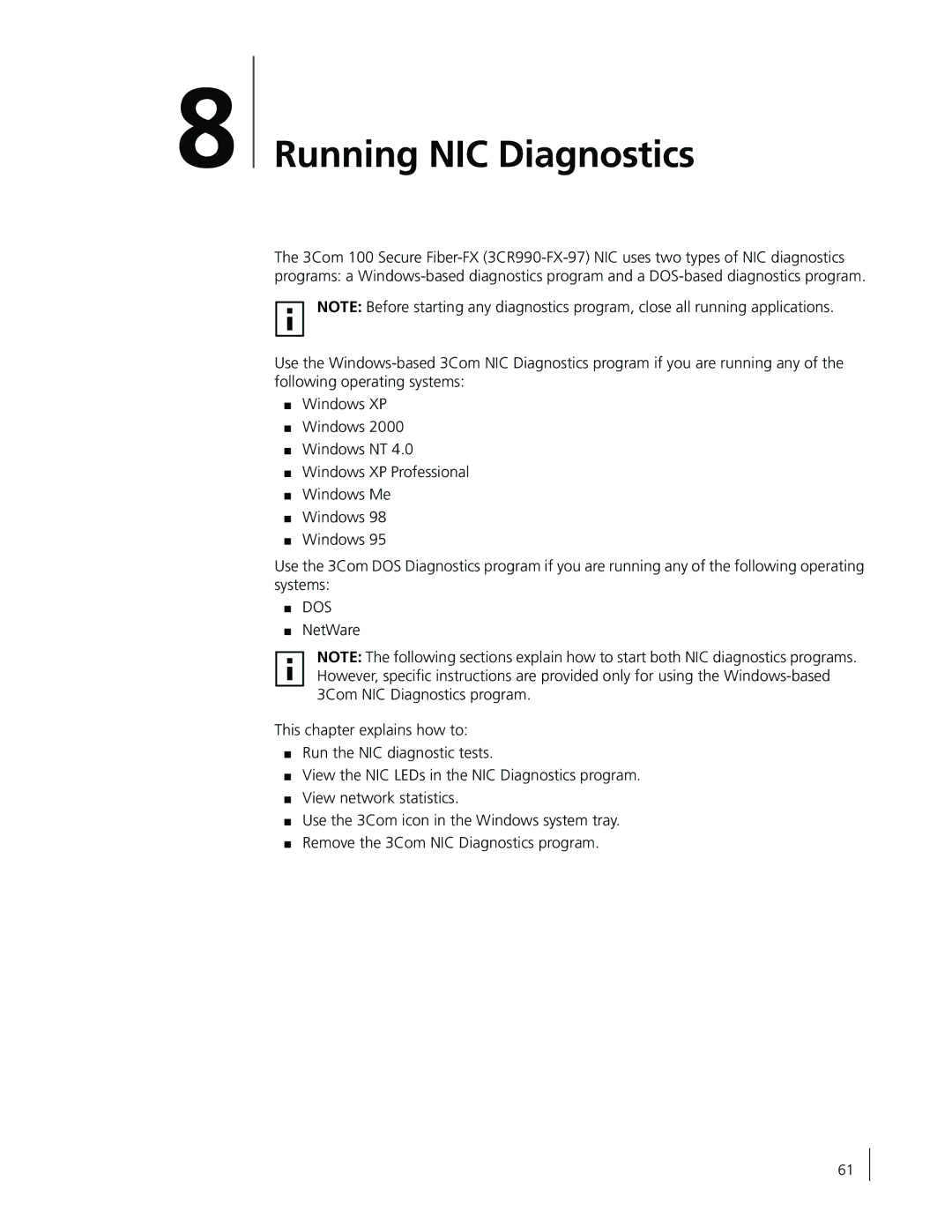 3Com 3CR990-FX-97 manual Running NIC Diagnostics 