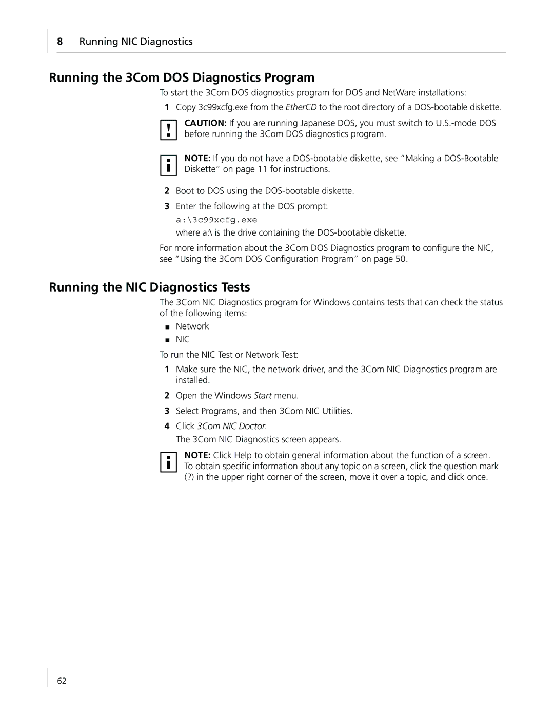3Com 3CR990-FX-97 Running the 3Com DOS Diagnostics Program, Running the NIC Diagnostics Tests, Running NIC Diagnostics 
