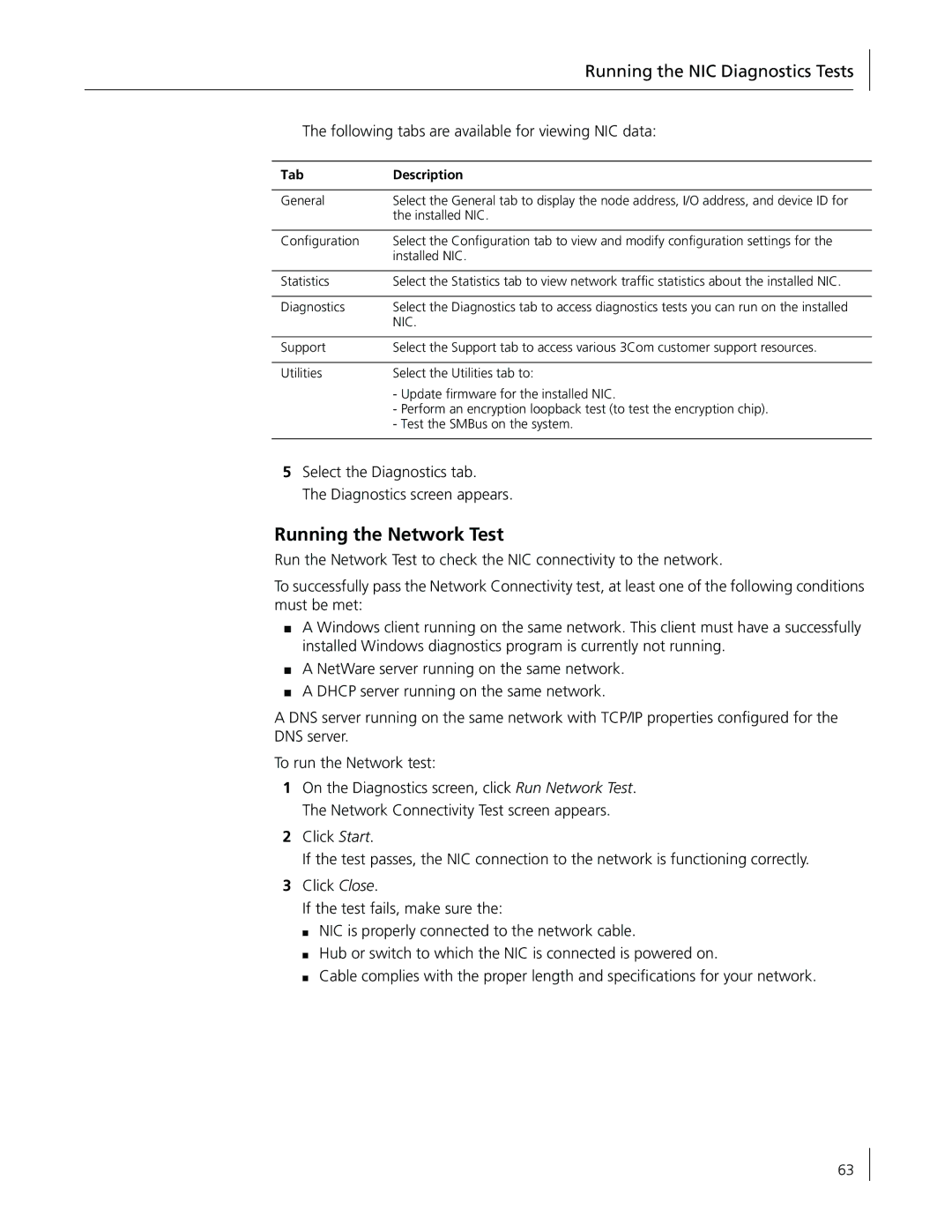 3Com 3CR990-FX-97 manual Running the Network Test, Running the NIC Diagnostics Tests, Tab Description 