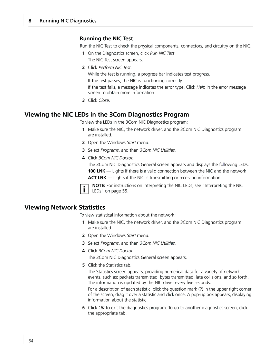 3Com 3CR990-FX-97 Viewing the NIC LEDs in the 3Com Diagnostics Program, Viewing Network Statistics, Running the NIC Test 