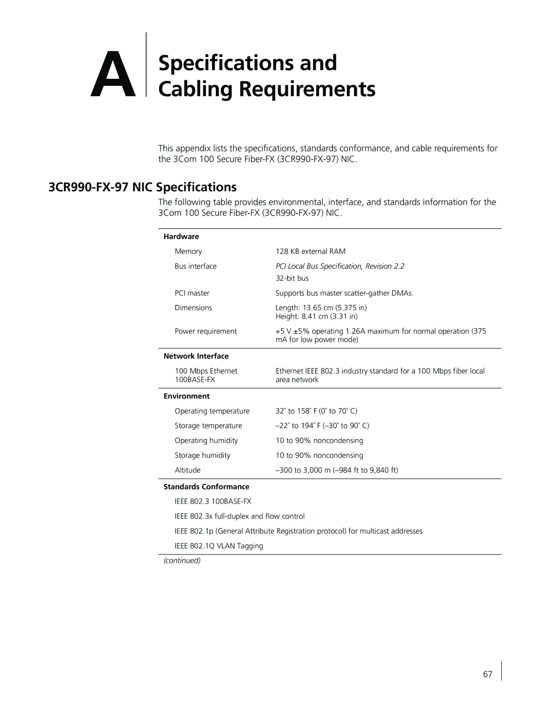 3Com manual 3CR990-FX-97 NIC Speciﬁcations, Hardware, Network Interface, Environment, Standards Conformance 