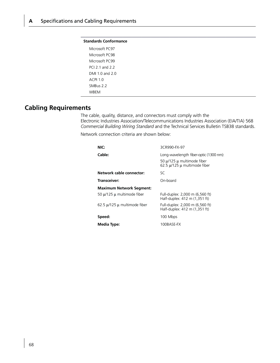 3Com 3CR990-FX-97 manual Speciﬁcations and Cabling Requirements, Network cable connector Transceiver, Speed, Media Type 