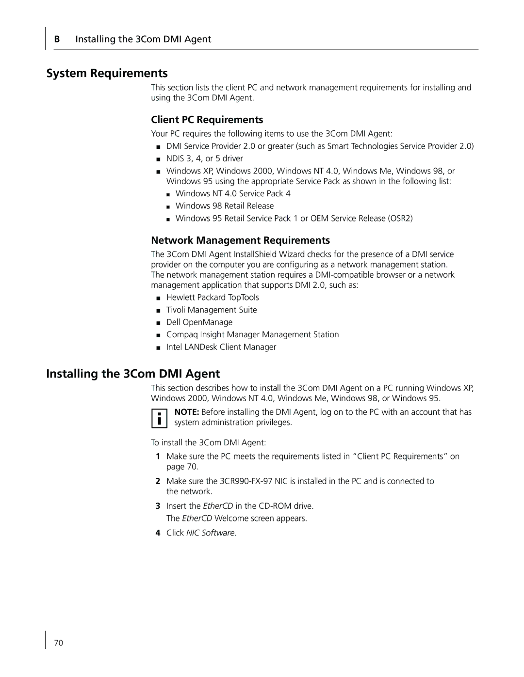 3Com 3CR990-FX-97 manual System Requirements, Installing the 3Com DMI Agent, Client PC Requirements 