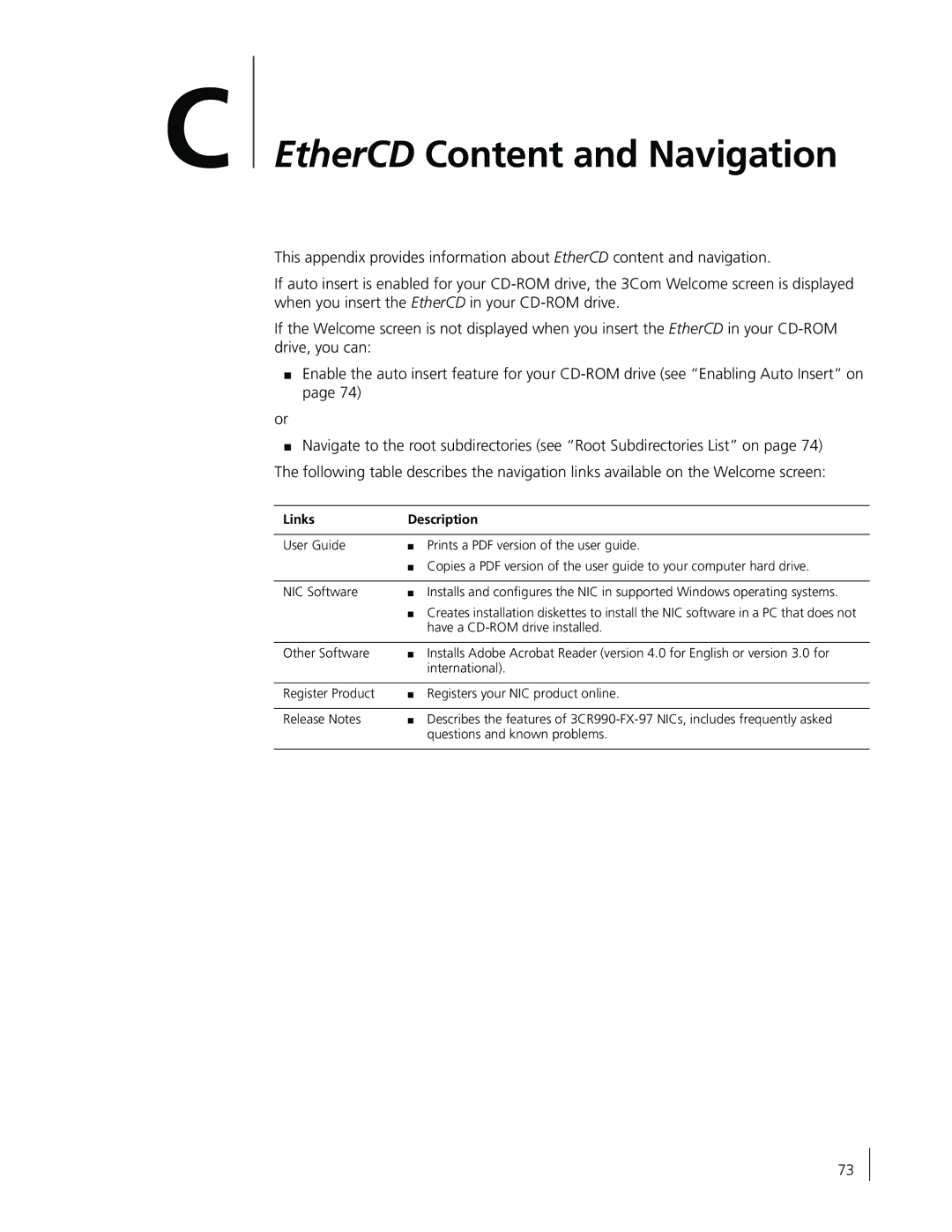 3Com 3CR990-FX-97 manual EtherCD Content and Navigation, Links Description 