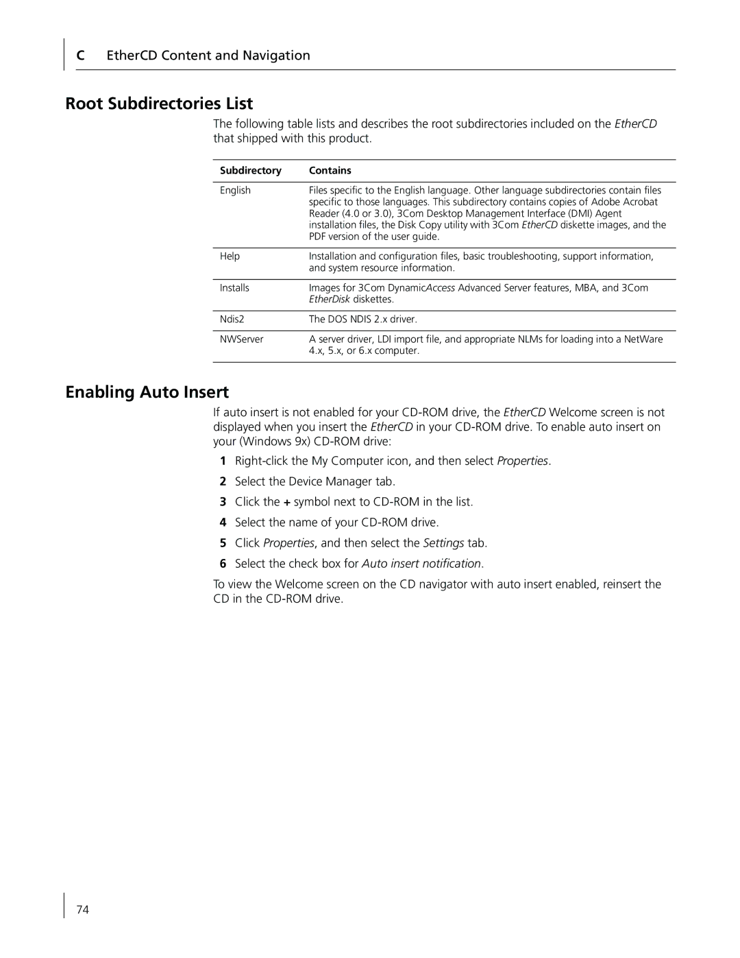 3Com 3CR990-FX-97 Root Subdirectories List, Enabling Auto Insert, EtherCD Content and Navigation, Subdirectory Contains 