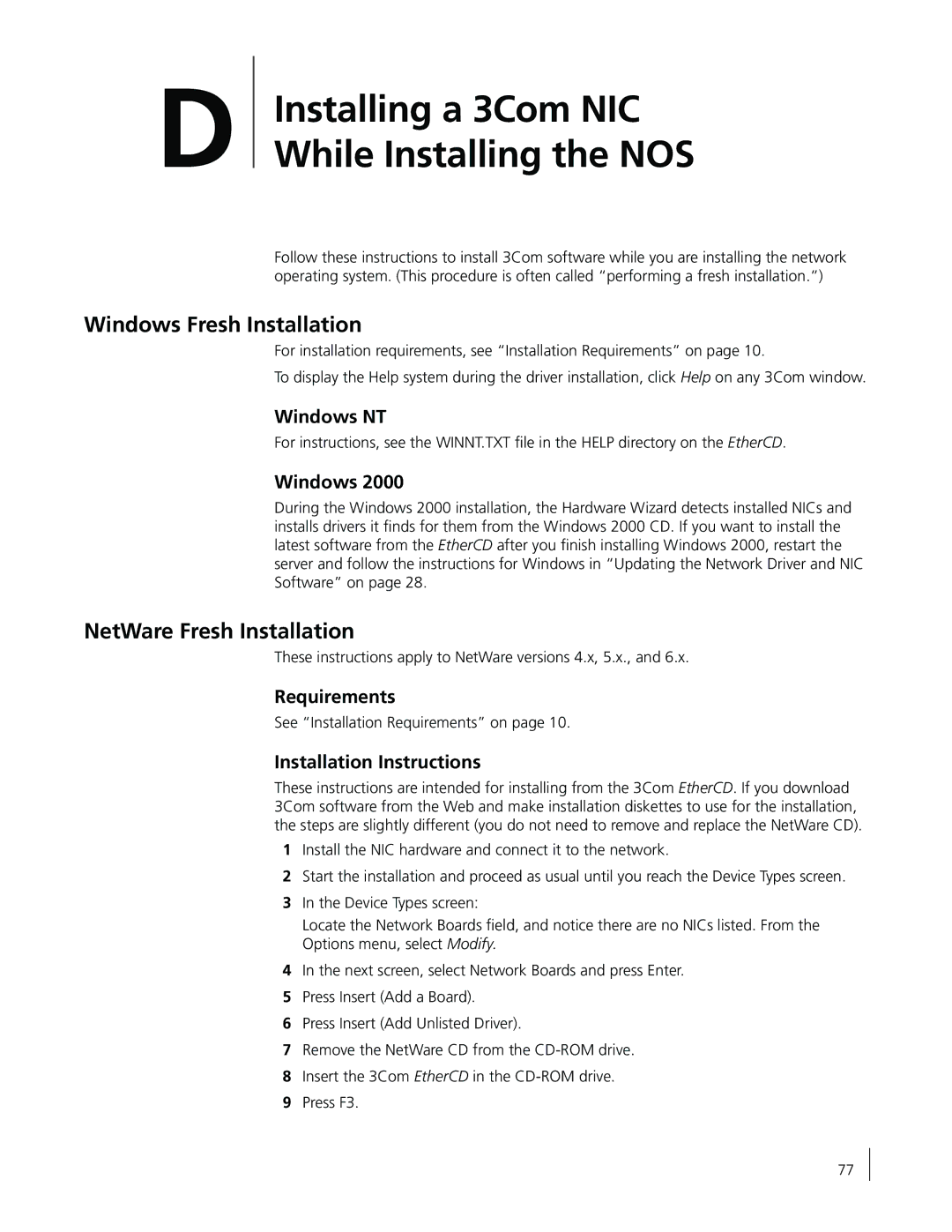 3Com 3CR990-FX-97 manual Windows Fresh Installation, NetWare Fresh Installation, Requirements, Installation Instructions 