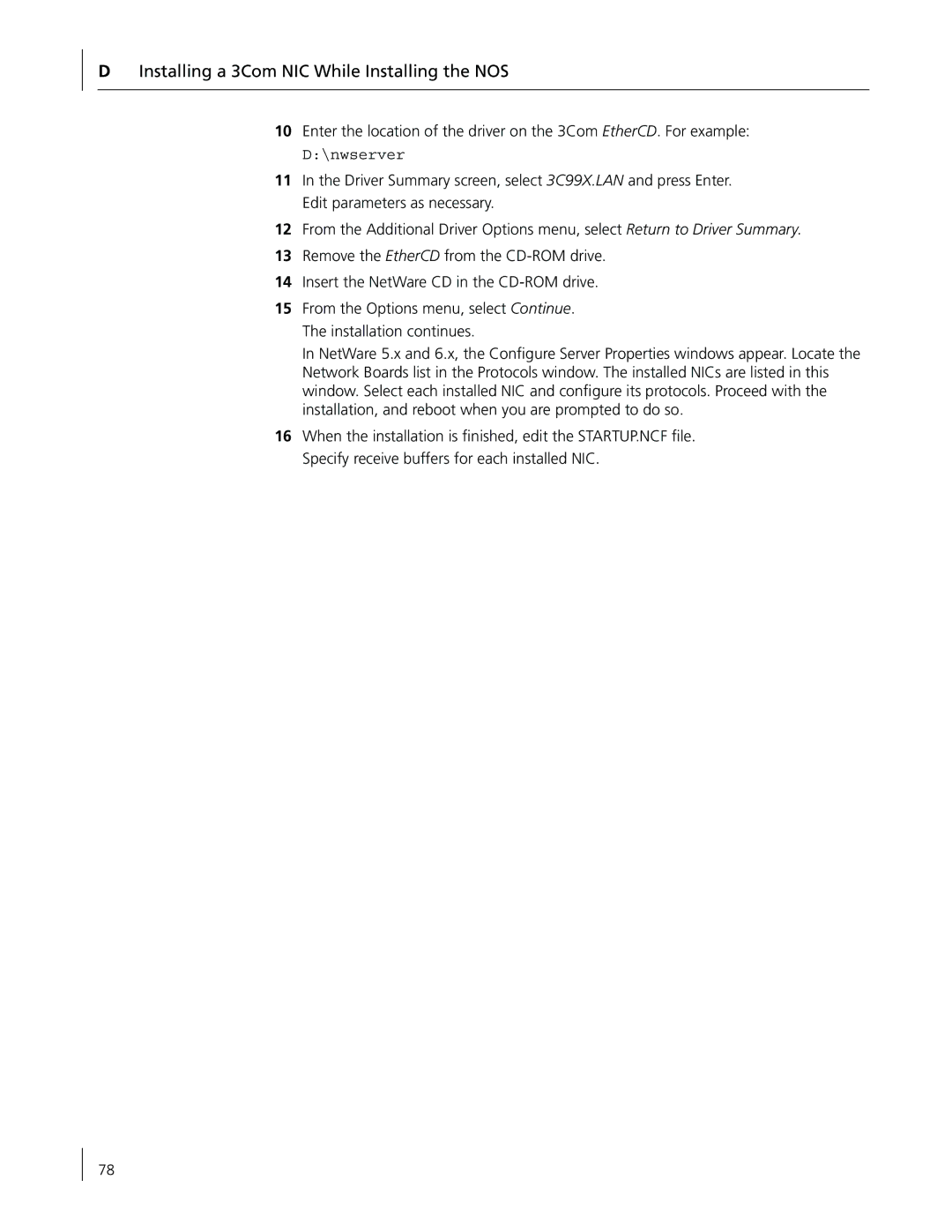 3Com 3CR990-FX-97 manual Installing a 3Com NIC While Installing the NOS, nwserver 