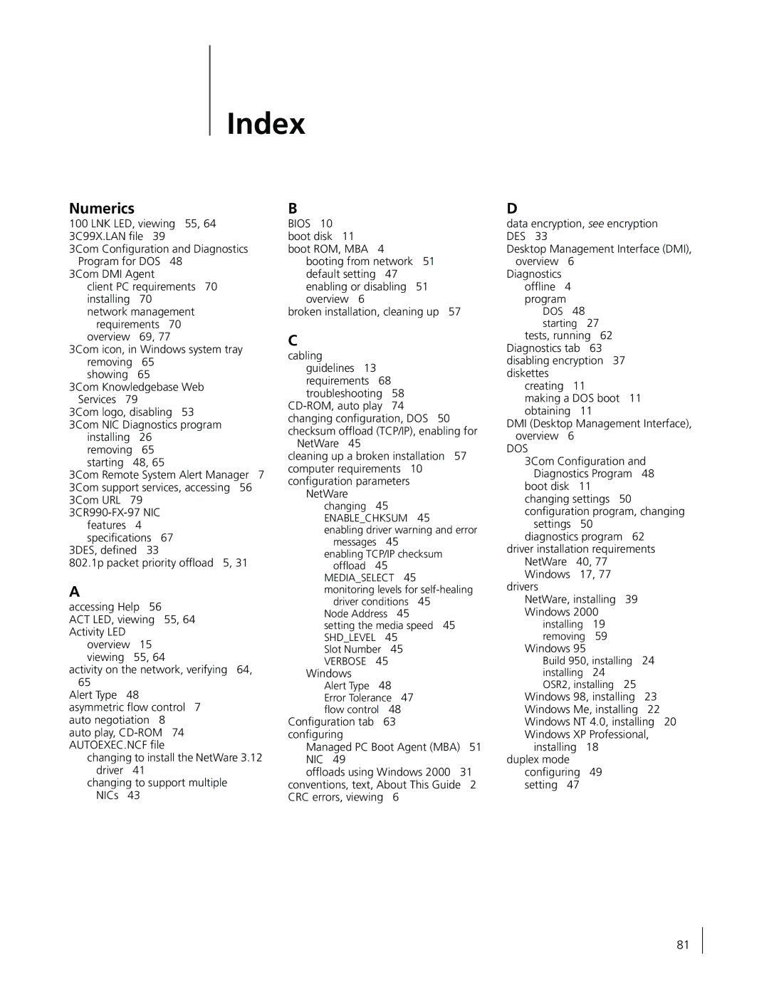 3Com 3CR990-FX-97 manual Index, Numerics 