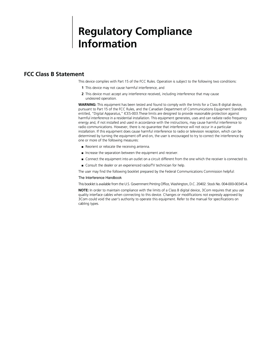 3Com 3CR990-FX-97 manual Regulatory Compliance Information, FCC Class B Statement 