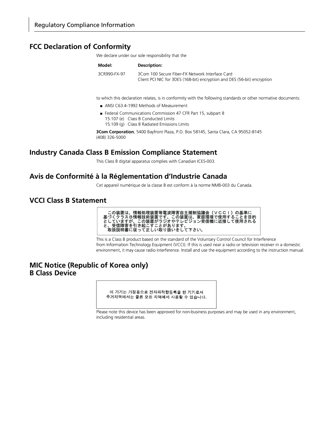 3Com 3CR990-FX-97 manual Regulatory Compliance Information, ModelDescription 