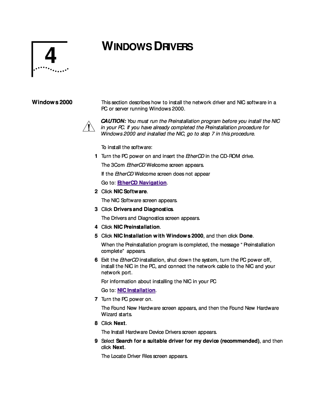 3Com 3CR990 manual Windows Drivers, Windows 2000 and installed the NIC, go to in this procedure, Click NIC Software 