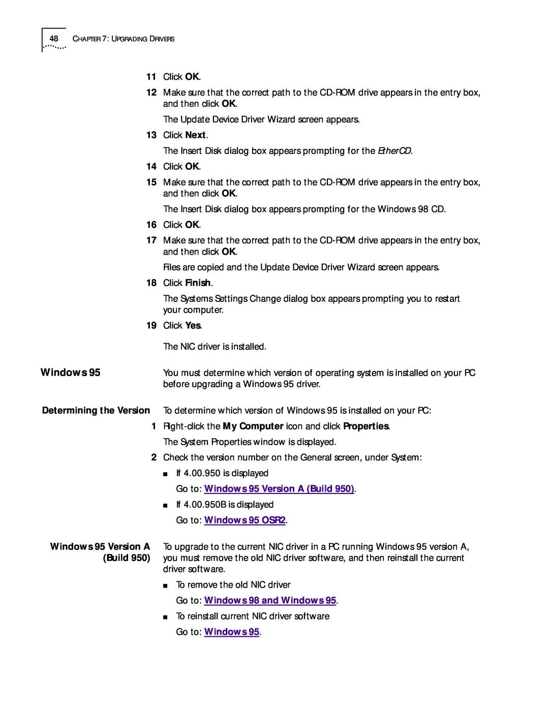 3Com 3CR990 manual Go to Windows 95 Version A Build, Go to Windows 98 and Windows 