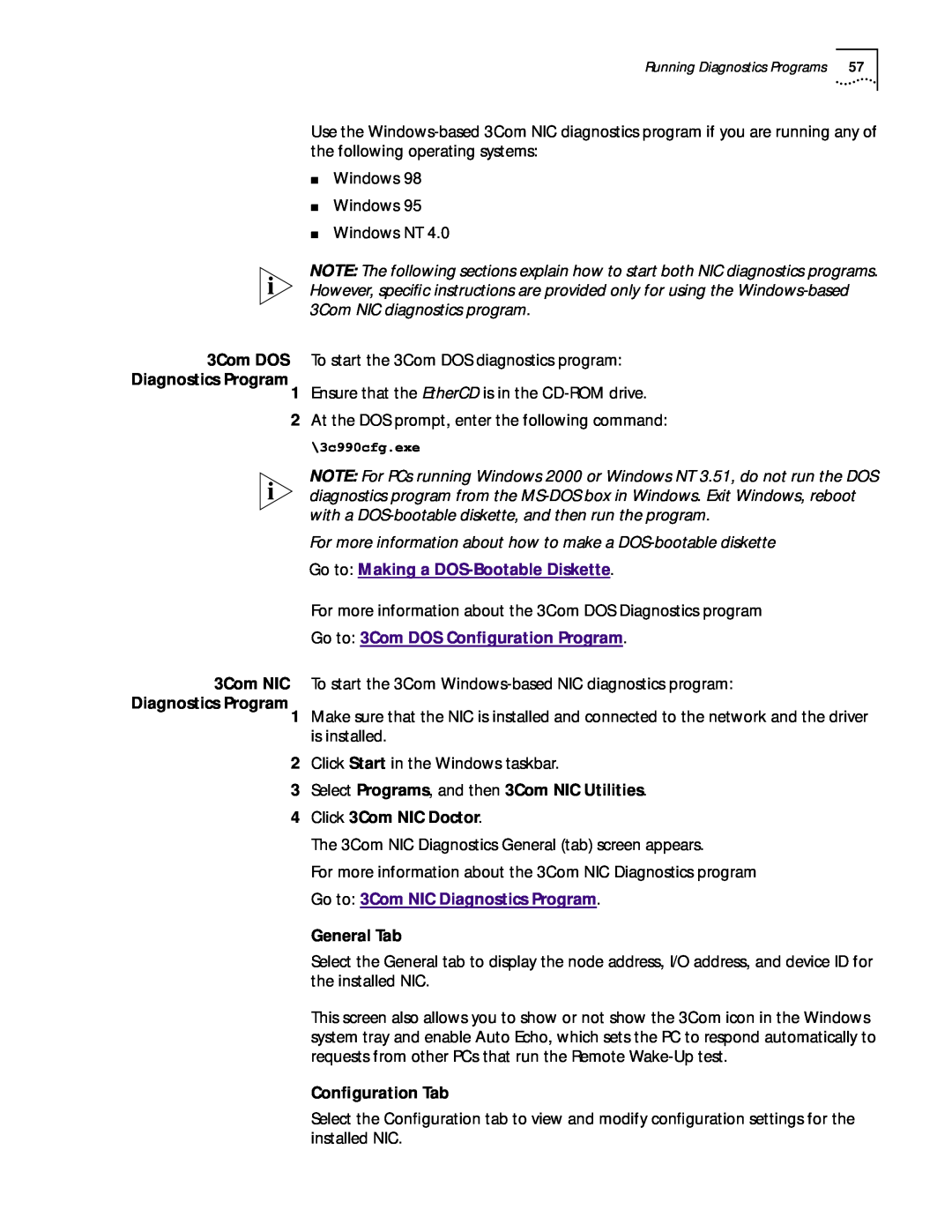 3Com 3CR990 manual For more information about how to make a DOS-bootable diskette, Click 3Com NIC Doctor, General Tab 