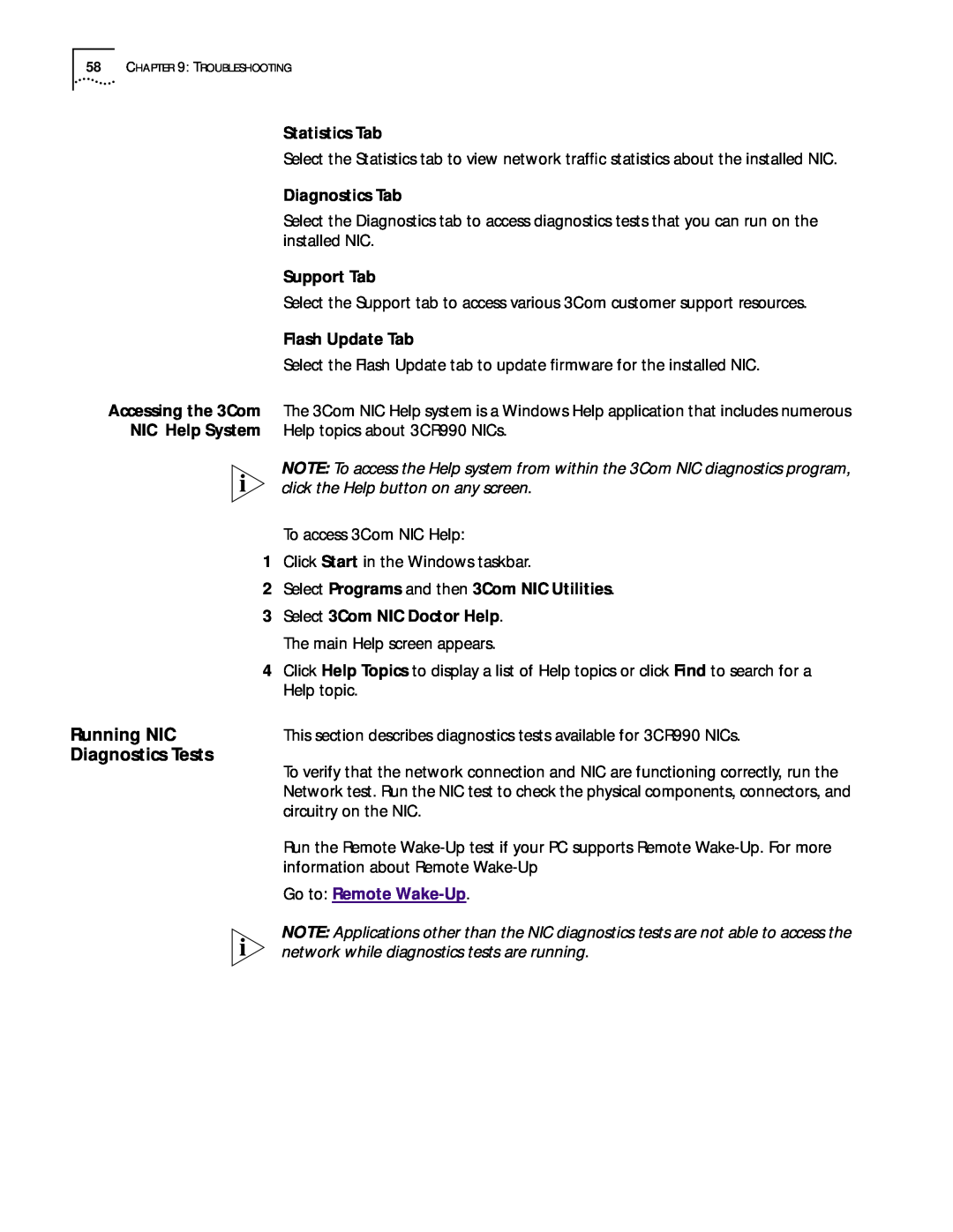 3Com 3CR990 manual Running NIC, Diagnostics Tests, Statistics Tab, Diagnostics Tab, Support Tab, Flash Update Tab 