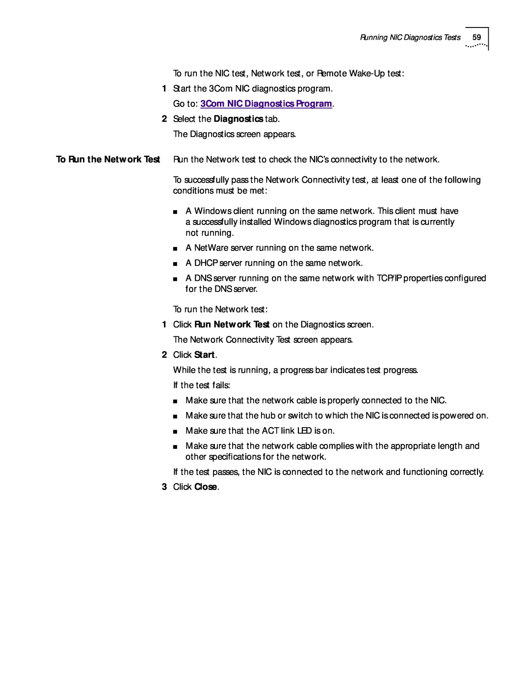 3Com 3CR990 manual To run the NIC test, Network test, or Remote Wake-Up test 