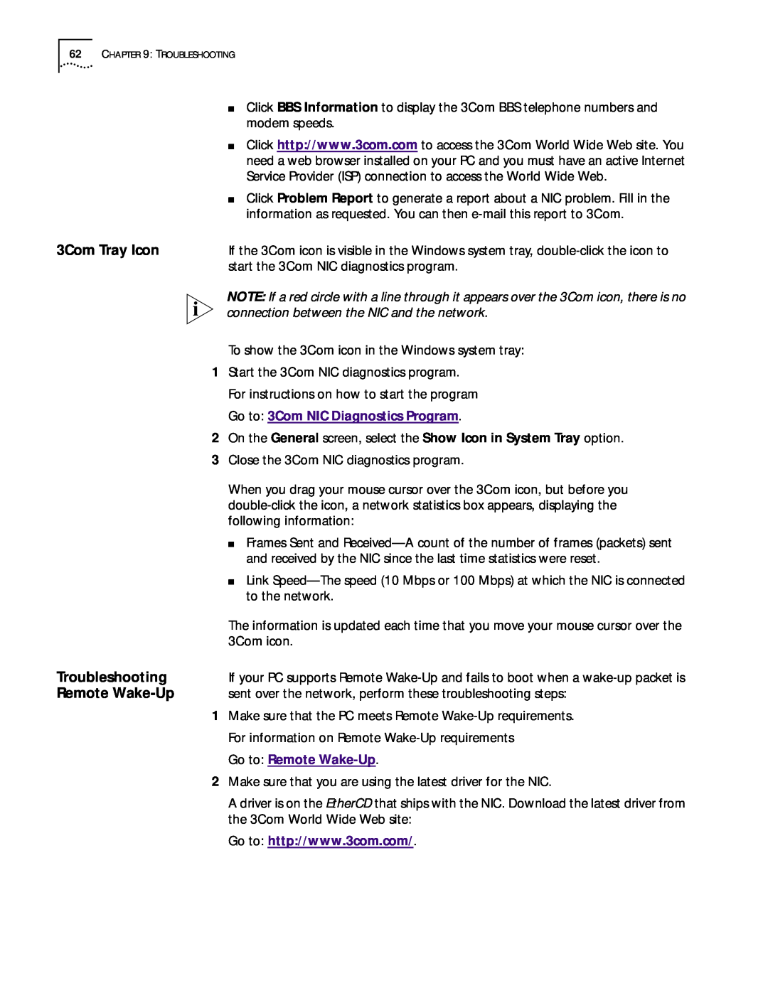 3Com 3CR990 manual 3Com Tray Icon, Remote Wake-Up, connection between the NIC and the network, Troubleshooting 