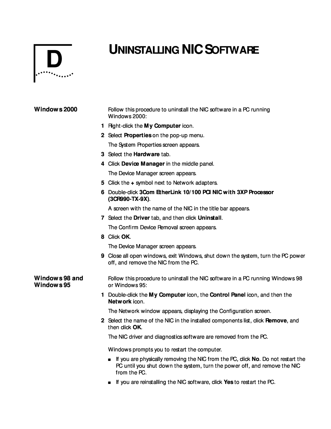 3Com 3CR990 manual Uninstalling Nic Software, Windows 98 and, or Windows 