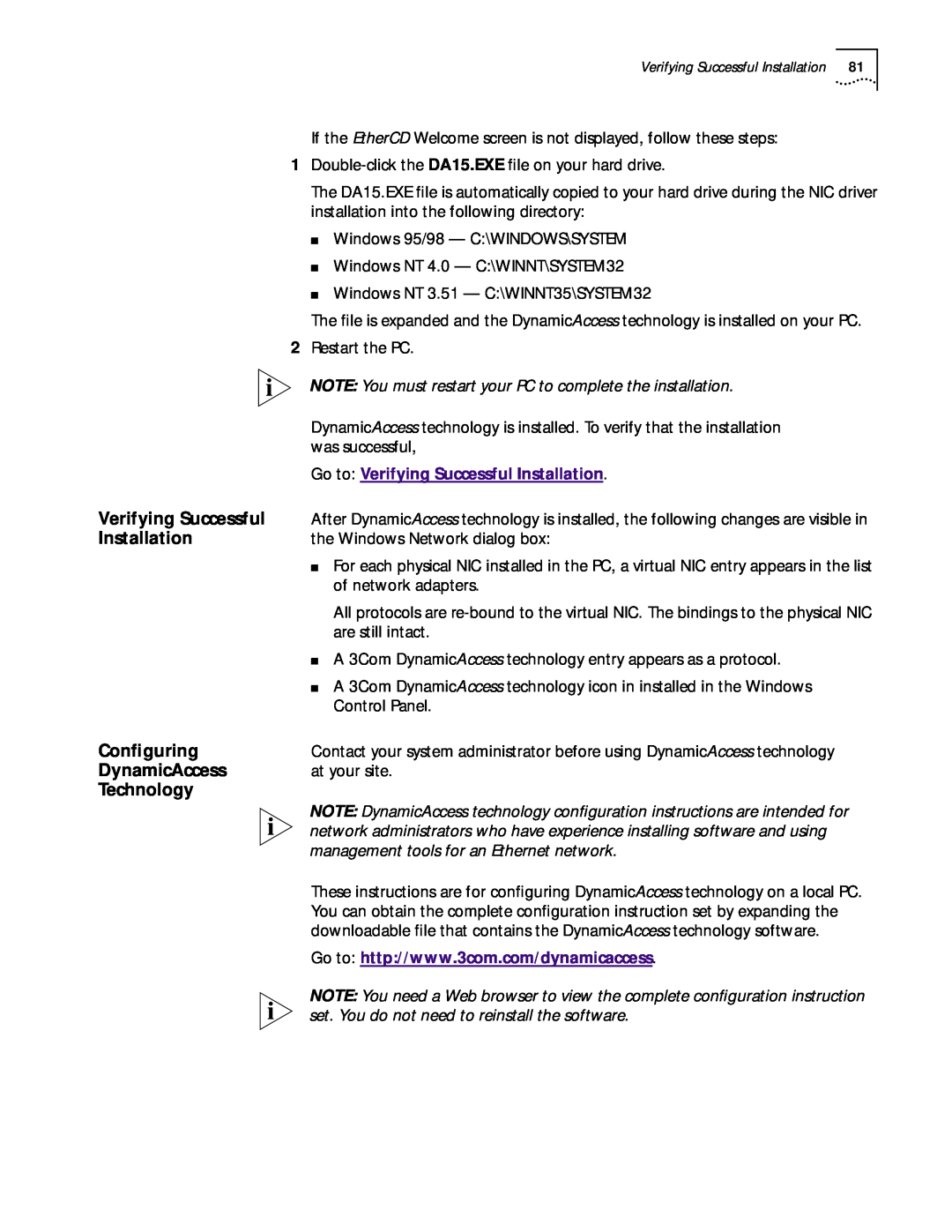 3Com 3CR990 Conﬁguring, NOTE You must restart your PC to complete the installation, Verifying Successful, Installation 