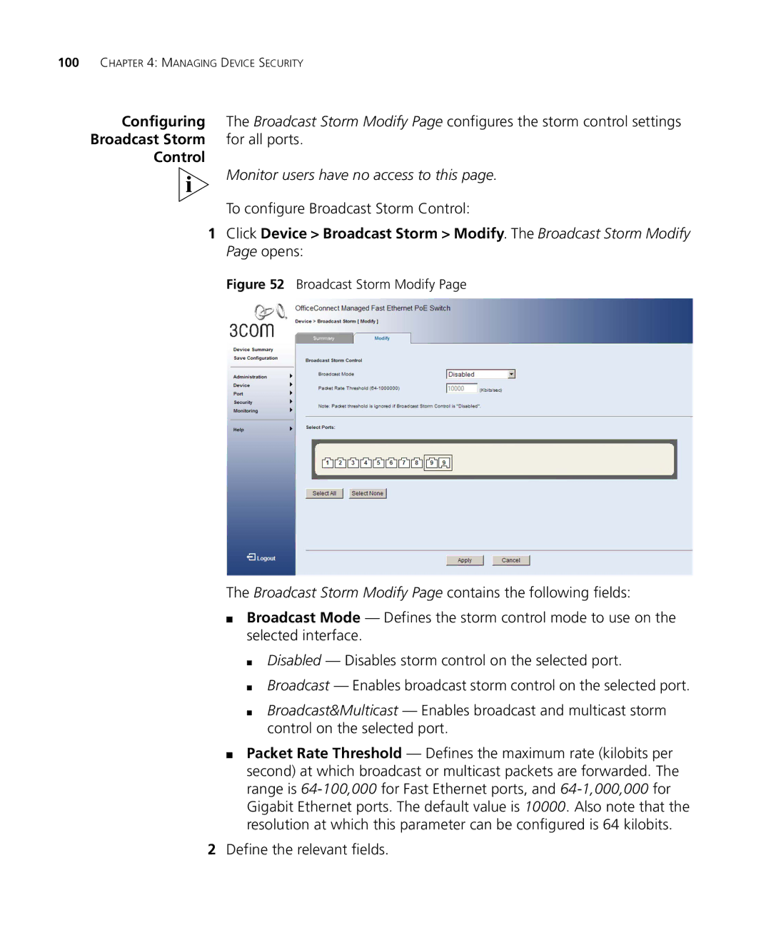 3Com 3CRDSF9PWR manual Configuring, To configure Broadcast Storm Control, Define the relevant fields 