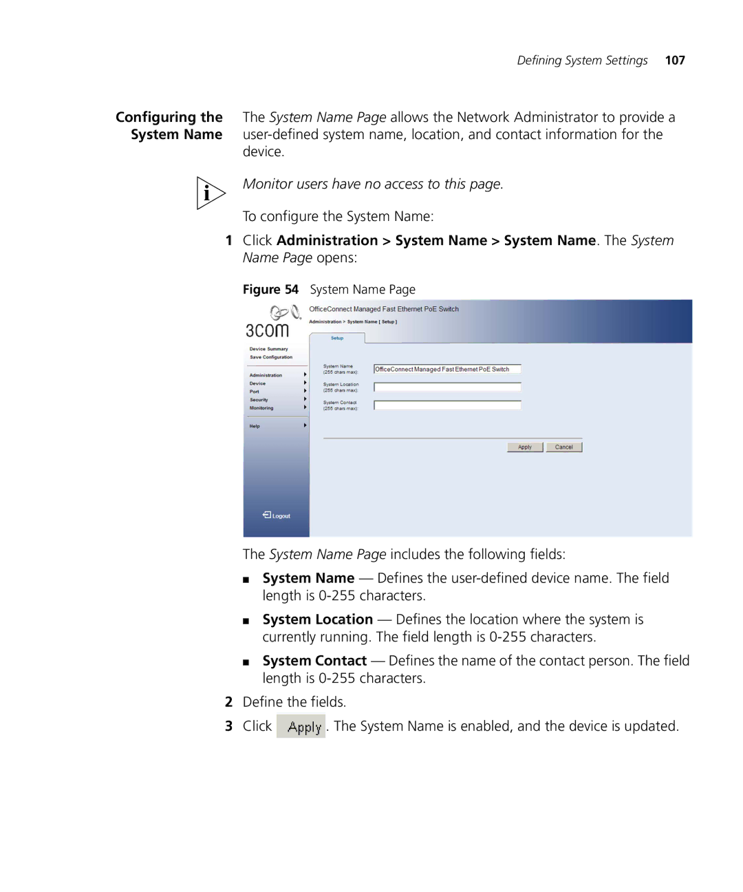 3Com 3CRDSF9PWR manual Device, To configure the System Name 