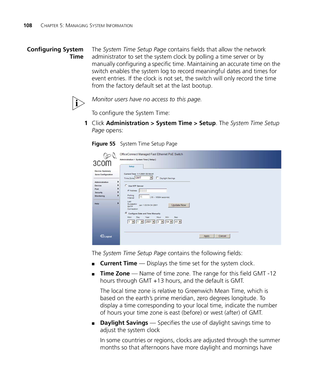 3Com 3CRDSF9PWR manual To configure the System Time, System Time Setup 