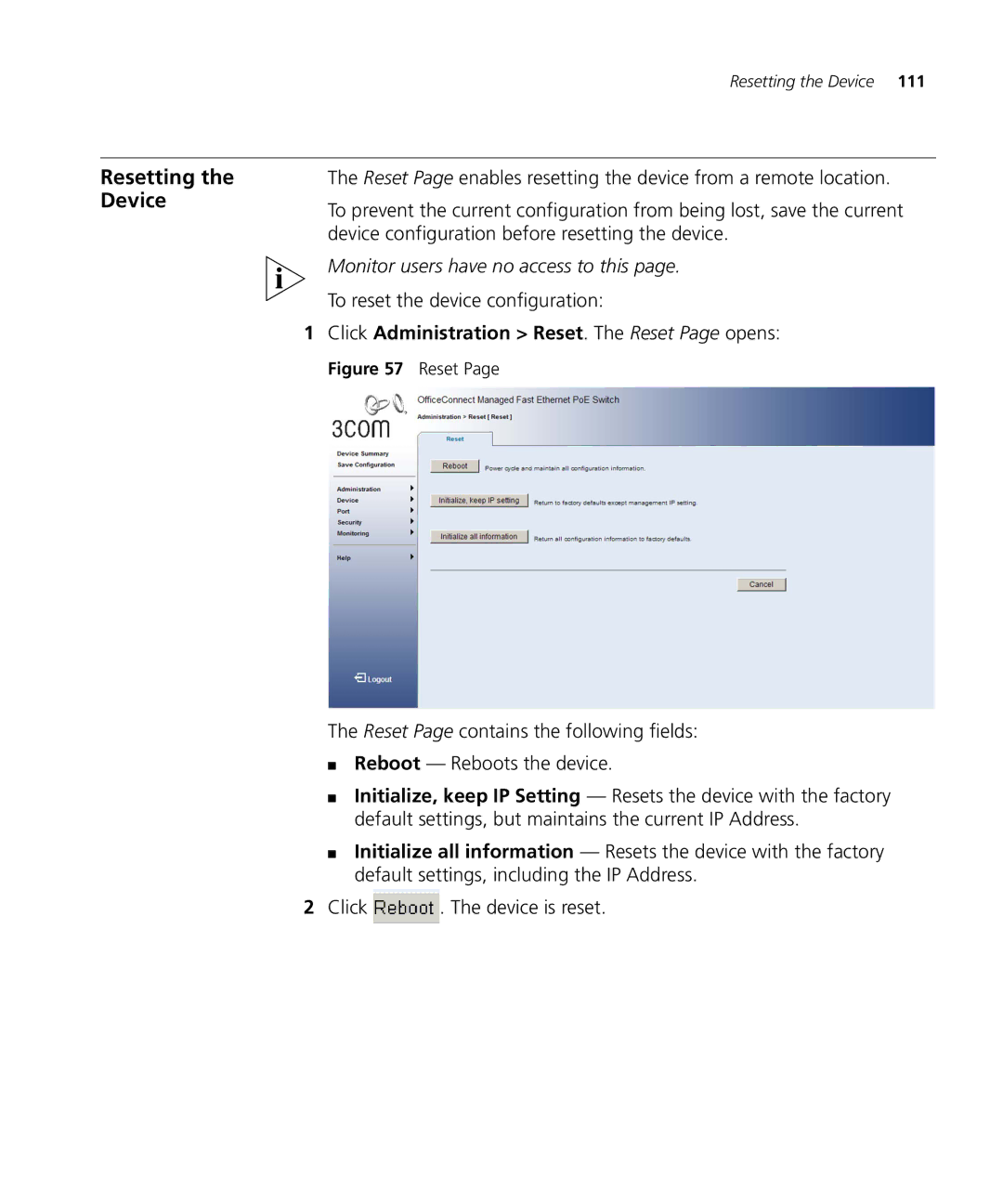 3Com 3CRDSF9PWR manual Resetting the Device, To reset the device configuration 